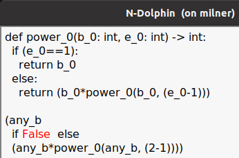 The recursive function power_0 and copy of the body, but now 2==1 has been changed to False
